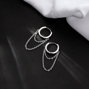 Silver Huggie Drop Chain Earrings